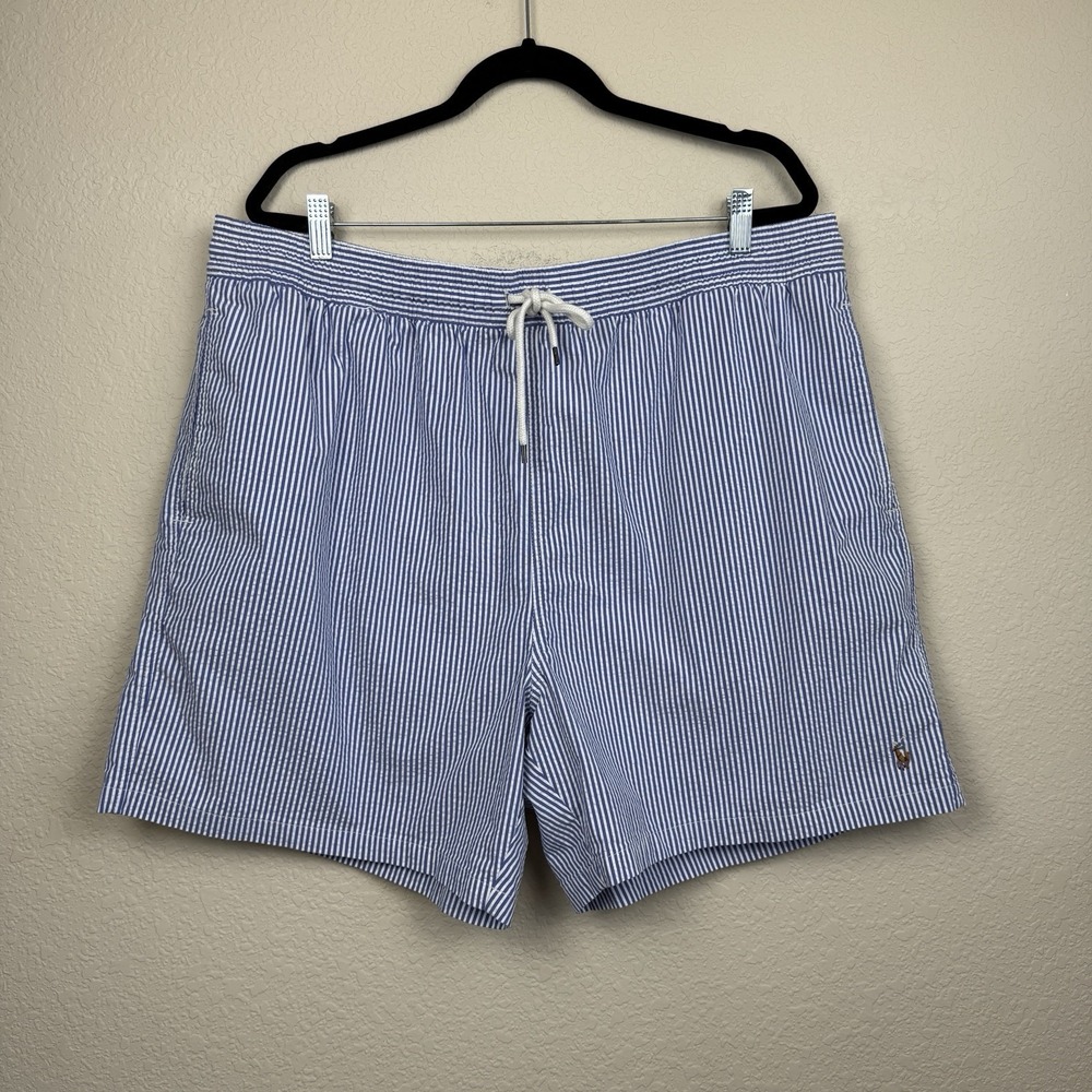Mens Polo Ralph Lauren Traveler Classic Swim Suit‎ Trunk Blue Seersucker 2XB